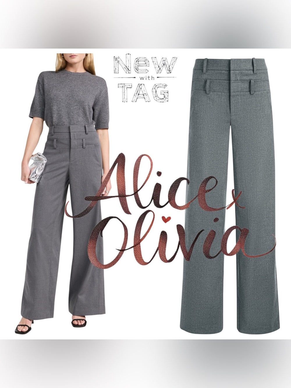 Alice + Olivia Aspen Wide-Leg Double Waist Pants Gray Sz 12 NWT